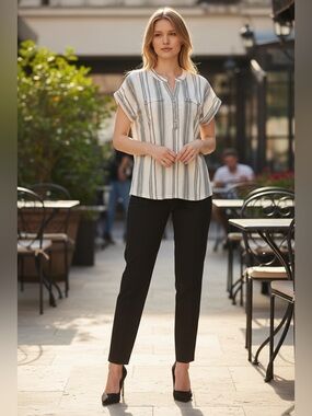 Lily Morgan Striped Blouse Small White Black Short Sleeve Stretch Top Casual